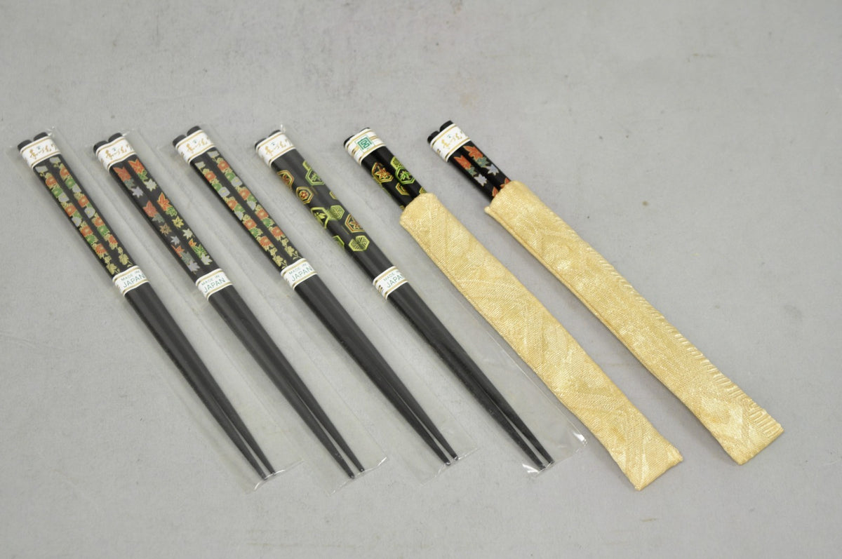 Vintage Japanese Oriental Chopsticks w/ 2 Custom Silk Gold Sleeves - 6 Pc Set