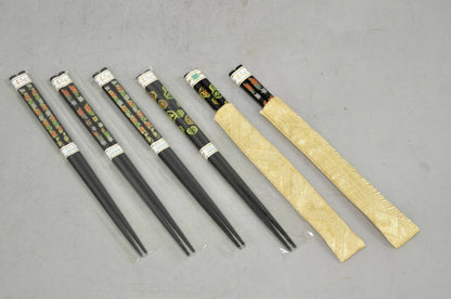 Vintage Japanese Oriental Chopsticks w/ 2 Custom Silk Gold Sleeves - 6 Pc Set