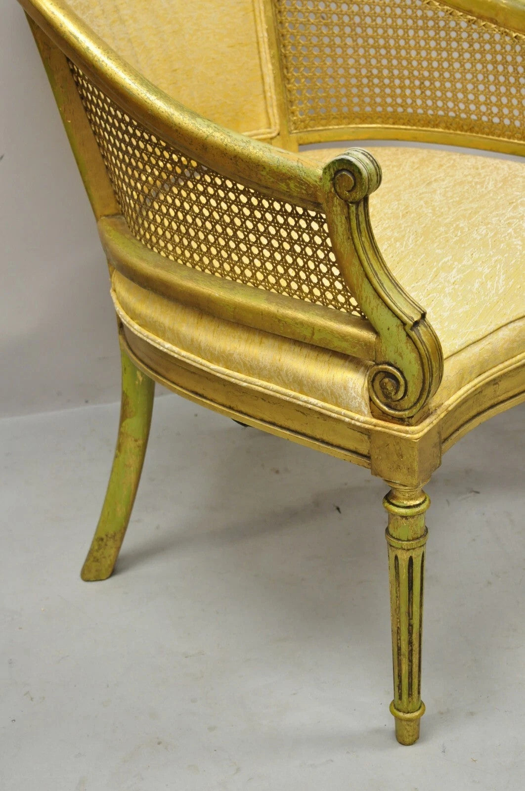 Vintage Italian Hollywood Regency Gold Gilt Barrel Back Cane Lounge Chairs, Pair