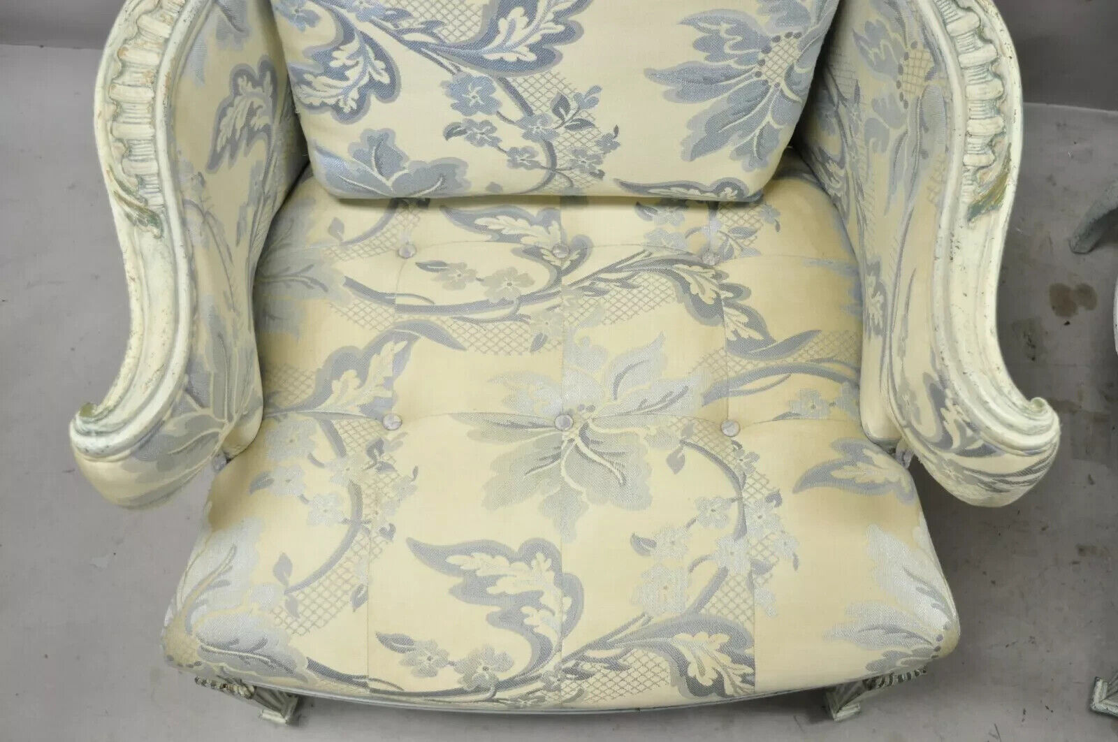 Vintage French Provincial Blue & Cream Painted Club Lounge Chairs - a Pair