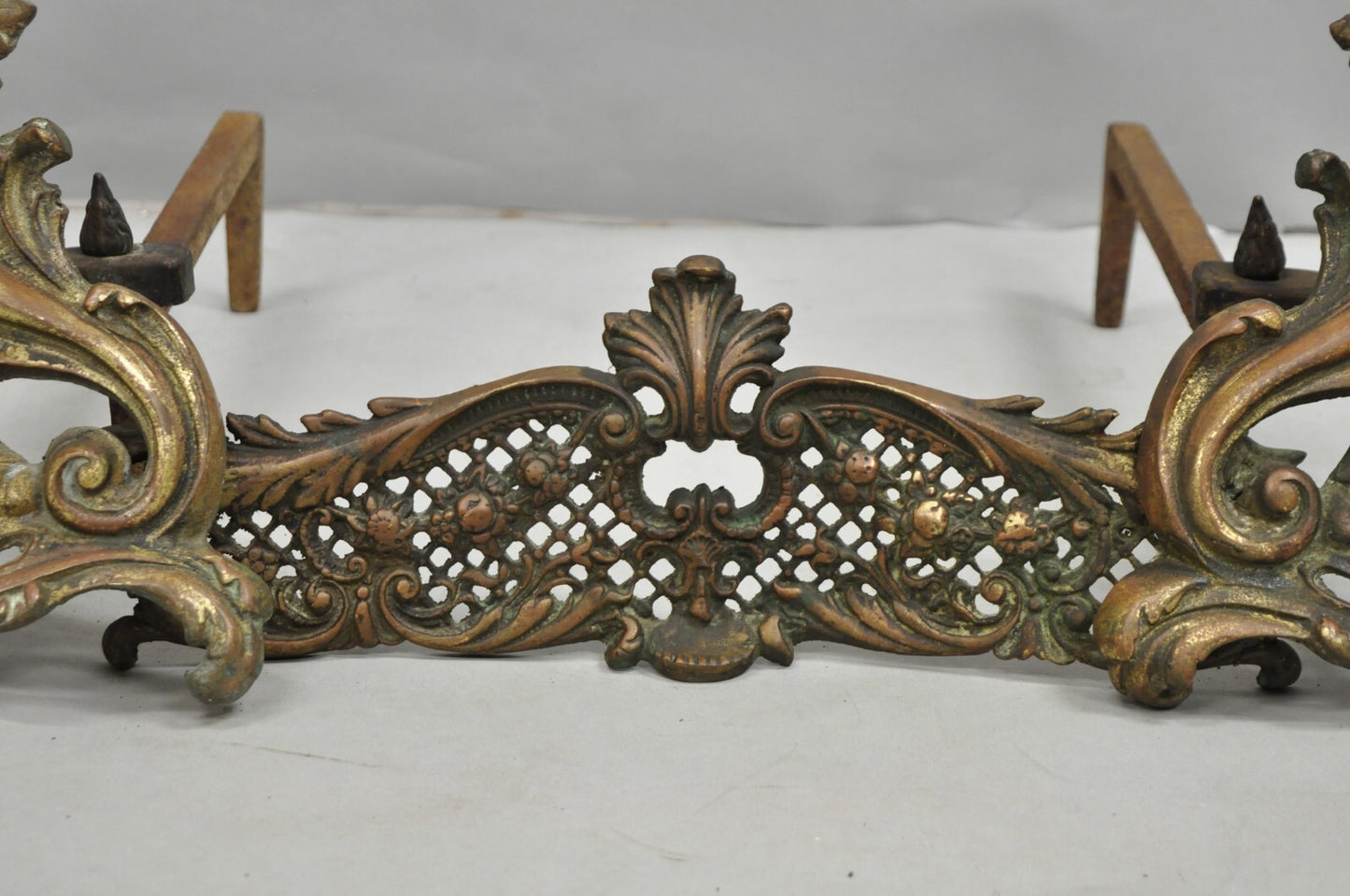 Antique French Louis XV Patinated Brass Bronze Small Fireplace Andirons & Fender