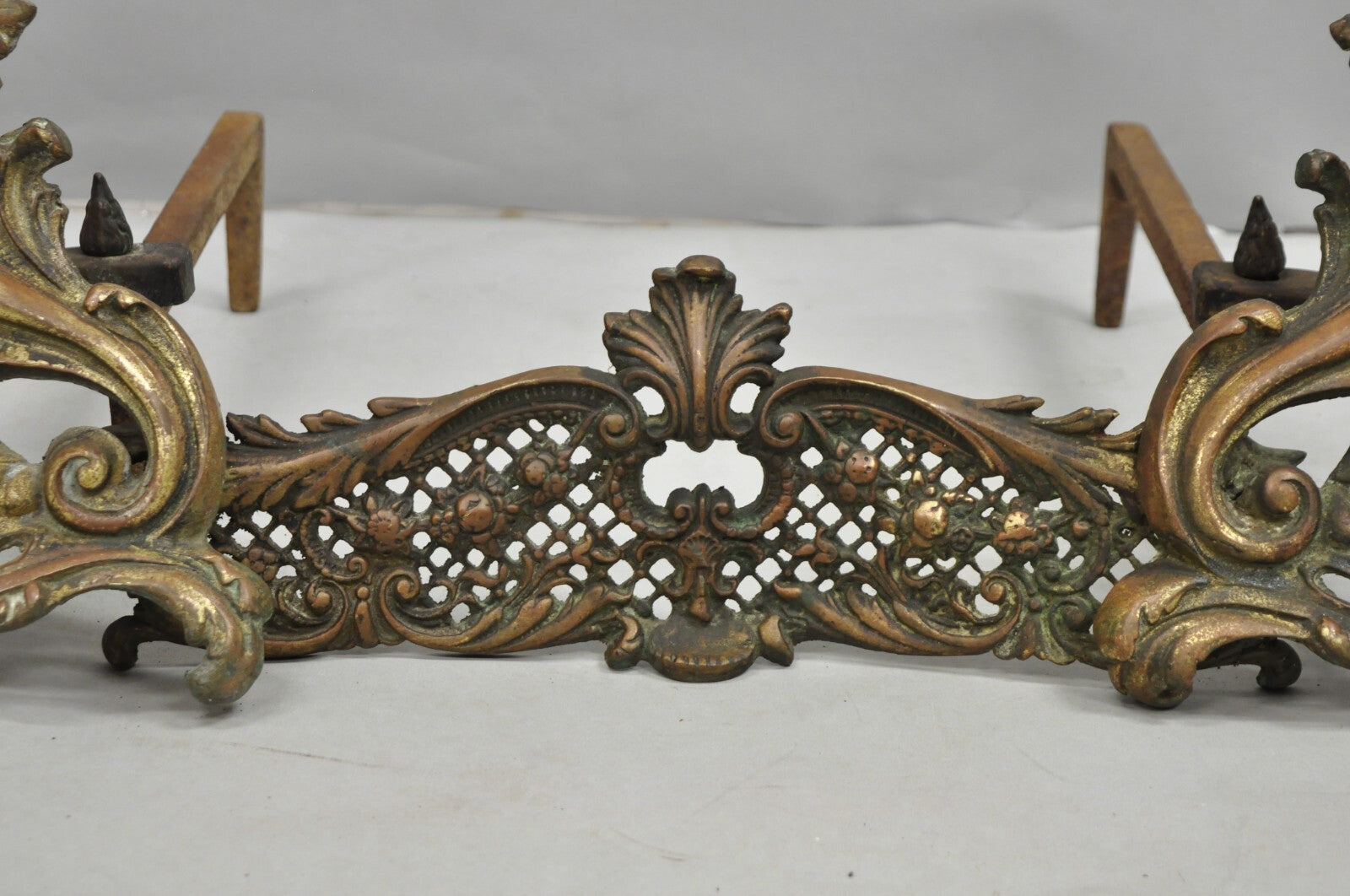 Antique French Louis XV Patinated Brass Bronze Small Fireplace Andirons & Fender