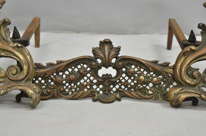 Antique French Louis XV Patinated Brass Bronze Small Fireplace Andirons & Fender