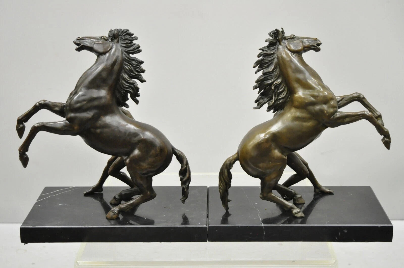 Vintage Bronze Marly Horse and Tamer Sculpture after Coustou on Marble Base Pair
