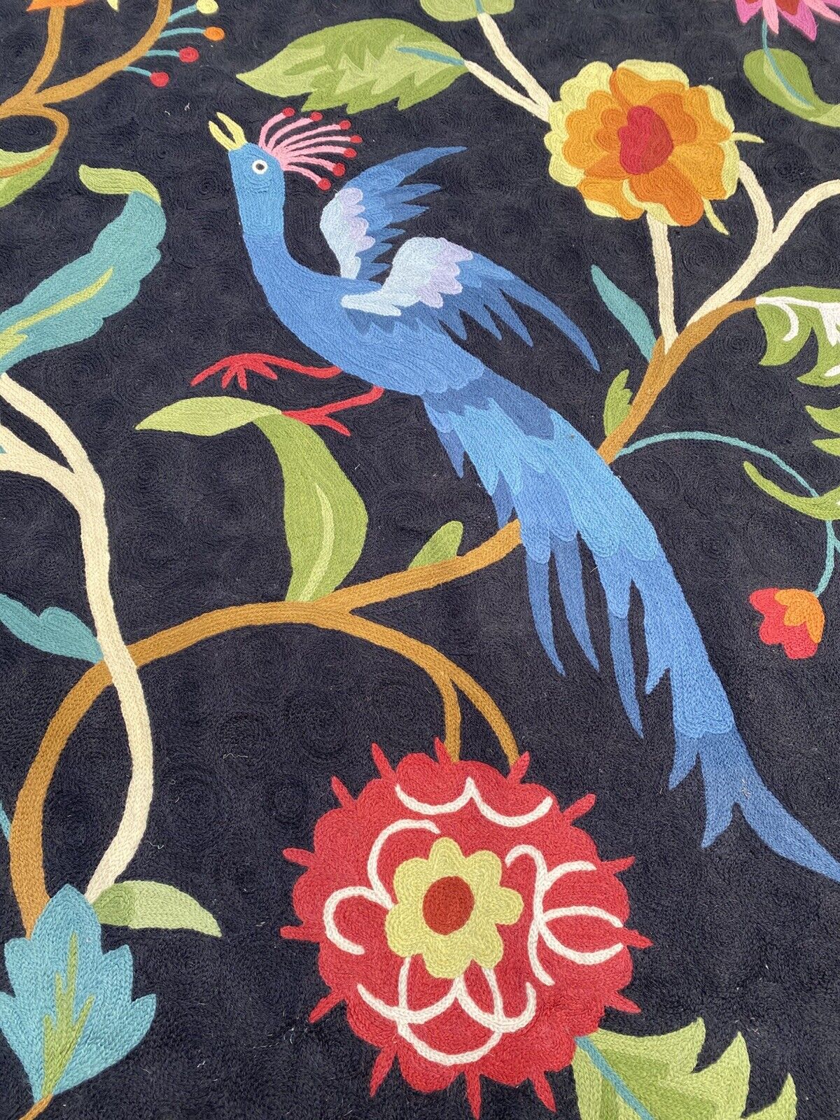 Art Deco Style Embroidered Chainstitch Wool Birds of Paradise Tapestry Rug