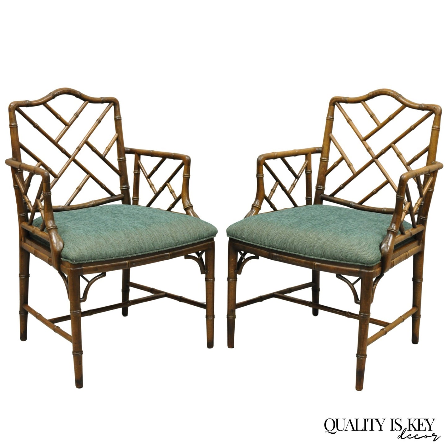 Vintage Chinese Chippendale Faux Bamboo Wood Fretwork Dining Arm Chairs - a Pair