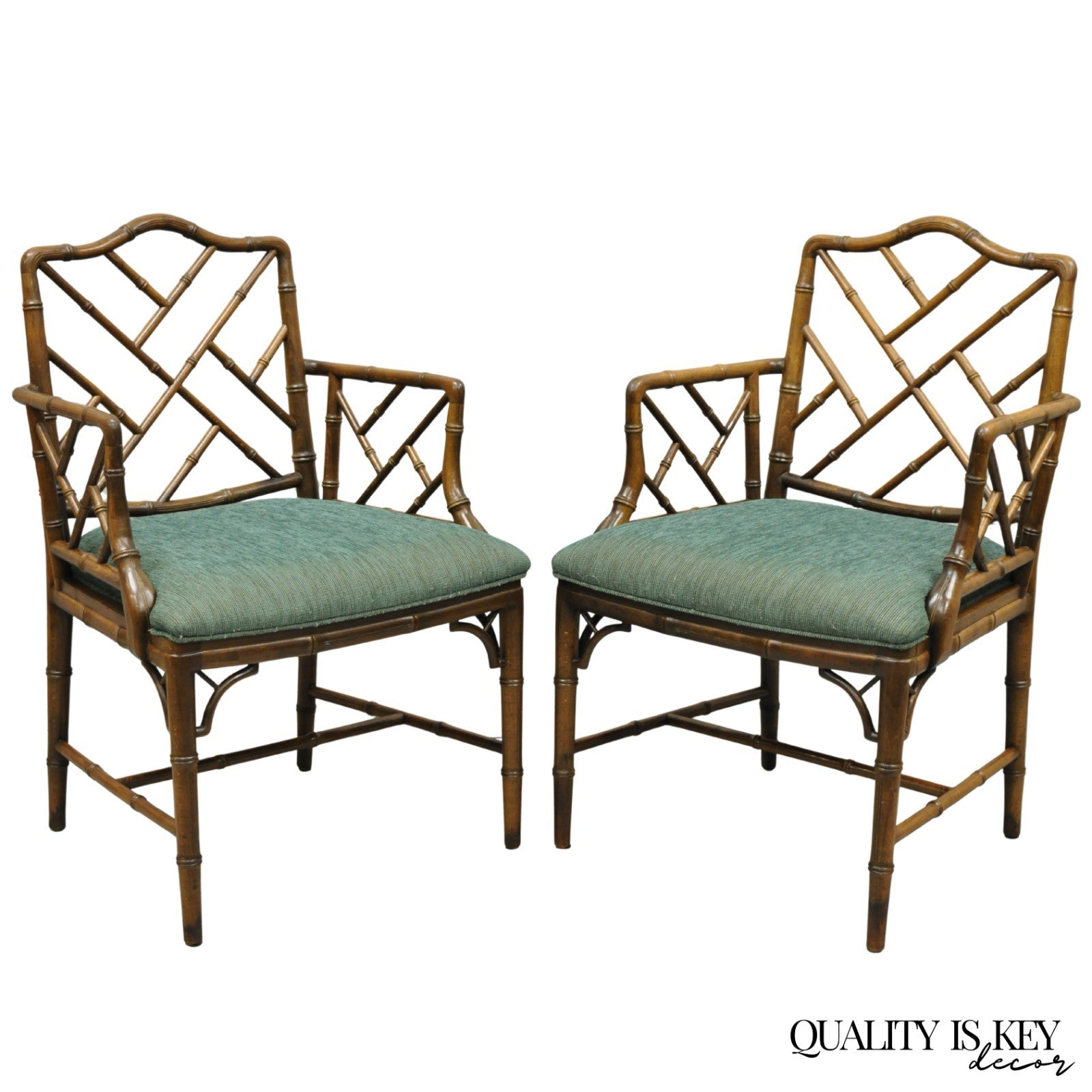 Vintage Chinese Chippendale Faux Bamboo Wood Fretwork Dining Arm Chairs - a Pair