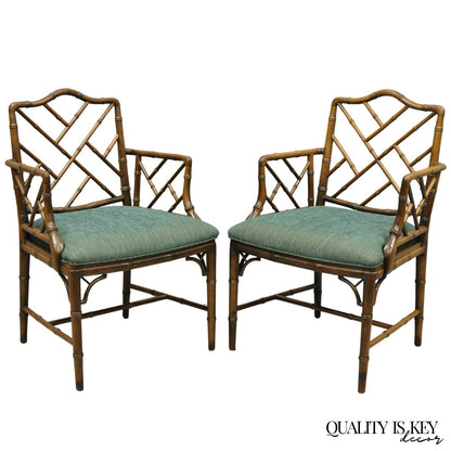 Vintage Chinese Chippendale Faux Bamboo Wood Fretwork Dining Arm Chairs - a Pair