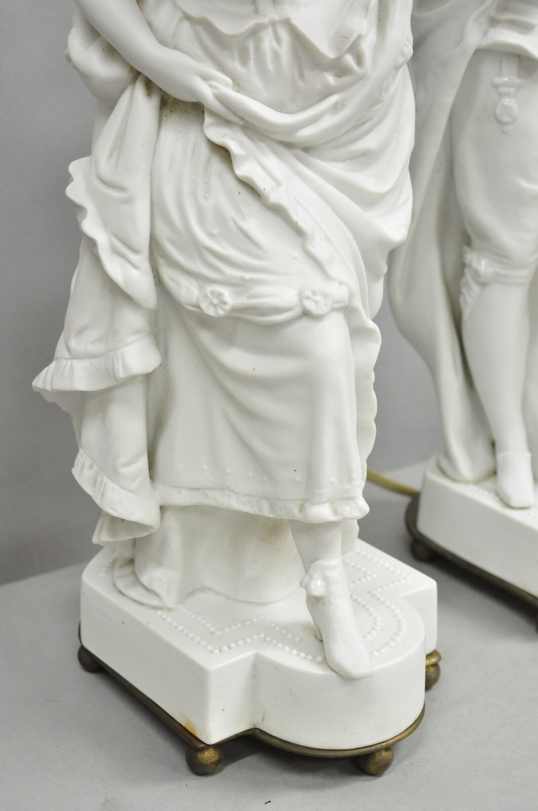 Victorian White Parian Porcelain Figural Bisque Man and Woman Table Lamps, Pair