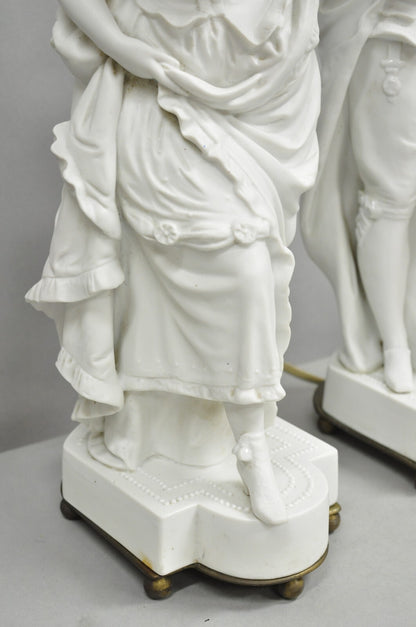 Victorian White Parian Porcelain Figural Bisque Man and Woman Table Lamps, Pair