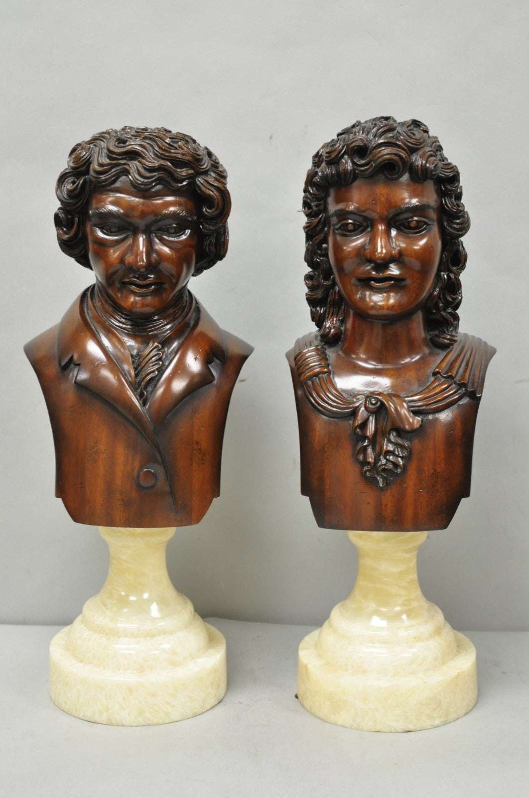Classical Maitland Smith Style Carved Mahogany Wood Bust on Alabaster - a Pair