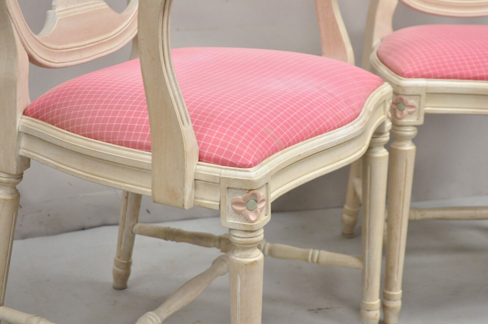 Vintage French Country Gustavian Cerused Pink Rose Dining Chairs - Set of 8