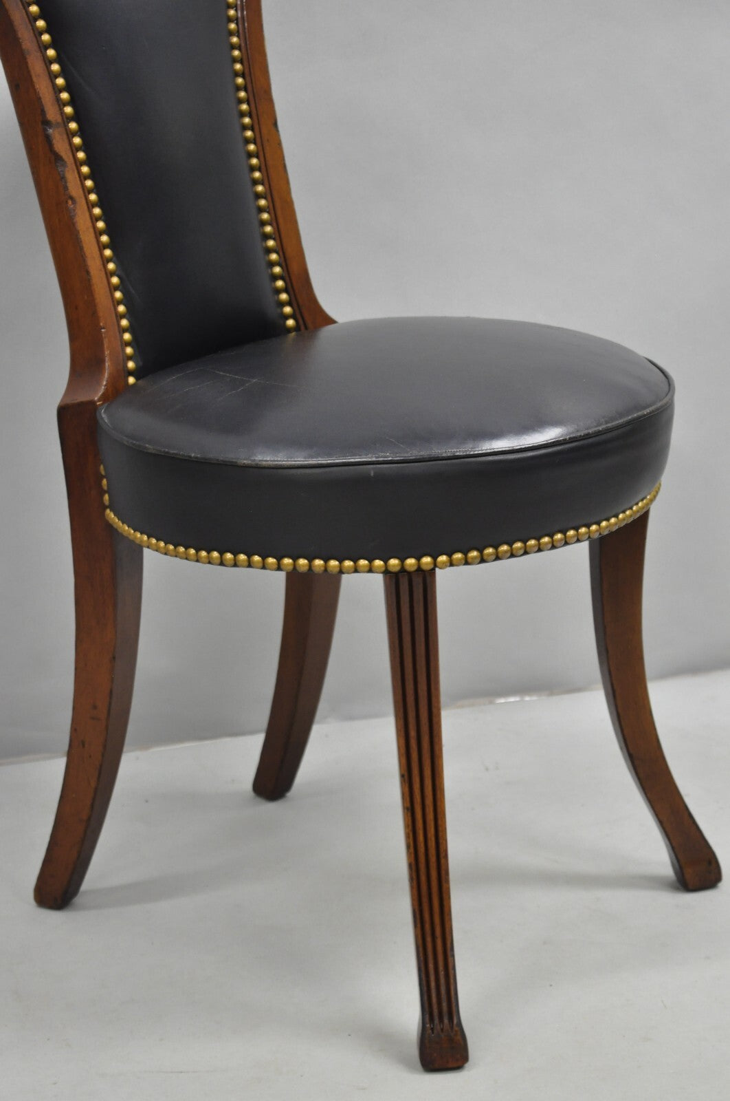 Vintage French Regency Style Carved Mahogany Black Leather Saber Leg Side Chair