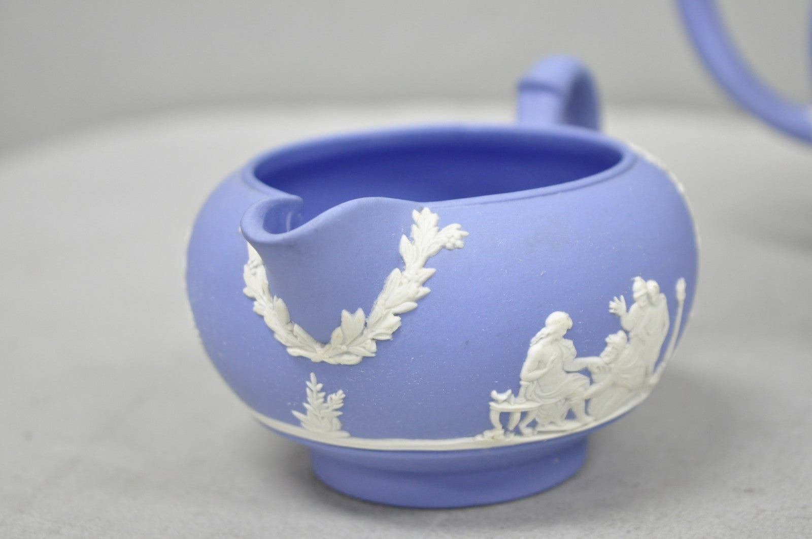 Antique Wedgwood Blue Jasperware Tea Set w/ Tea Pot Creamer Sugar Bowl 3 Pc Set