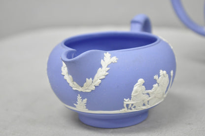 Antique Wedgwood Blue Jasperware Tea Set w/ Tea Pot Creamer Sugar Bowl 3 Pc Set