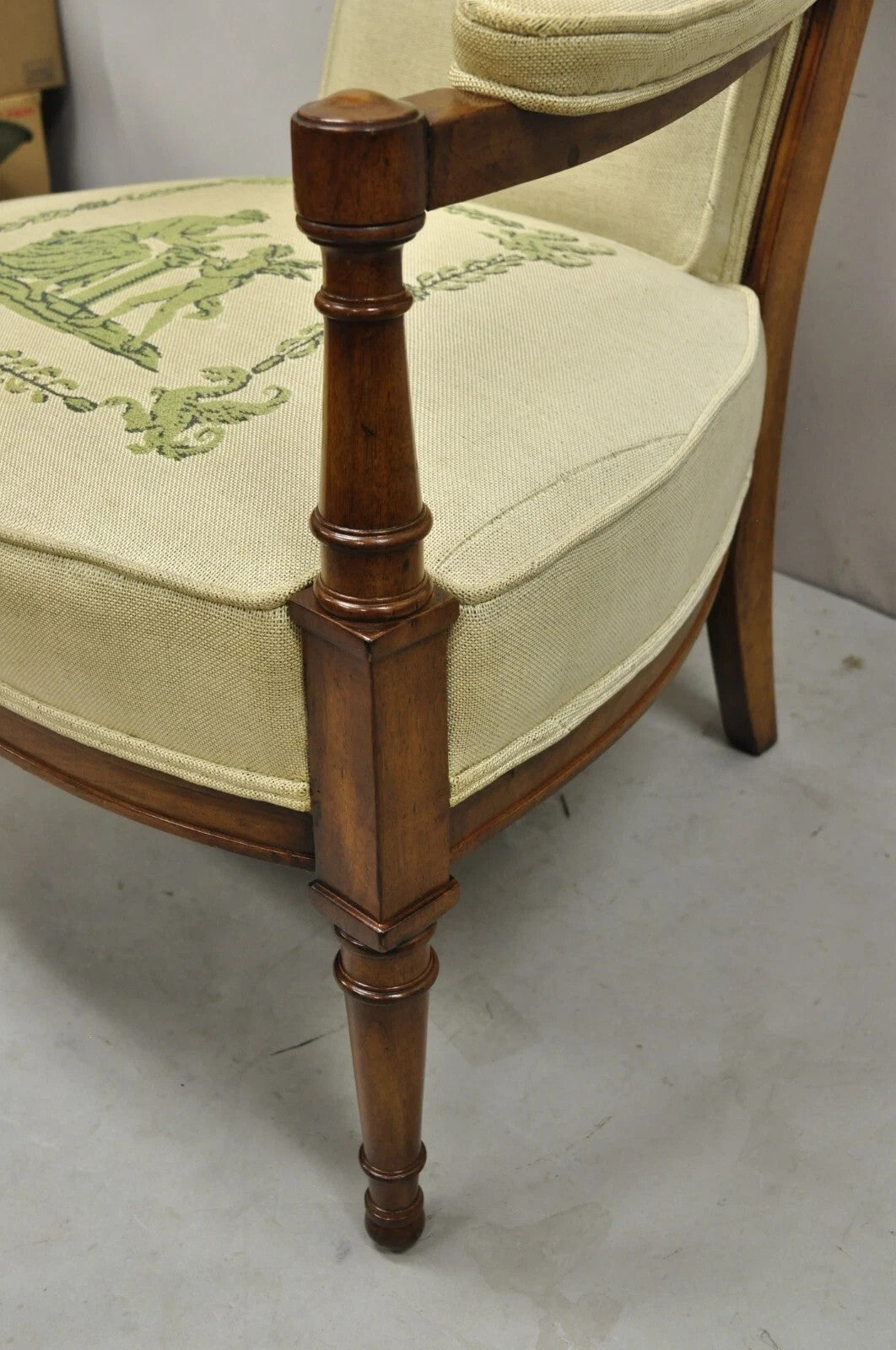 Vintage Italian Hollywood Regency Tall Back Upholstered Cherry Lounge Arm Chair