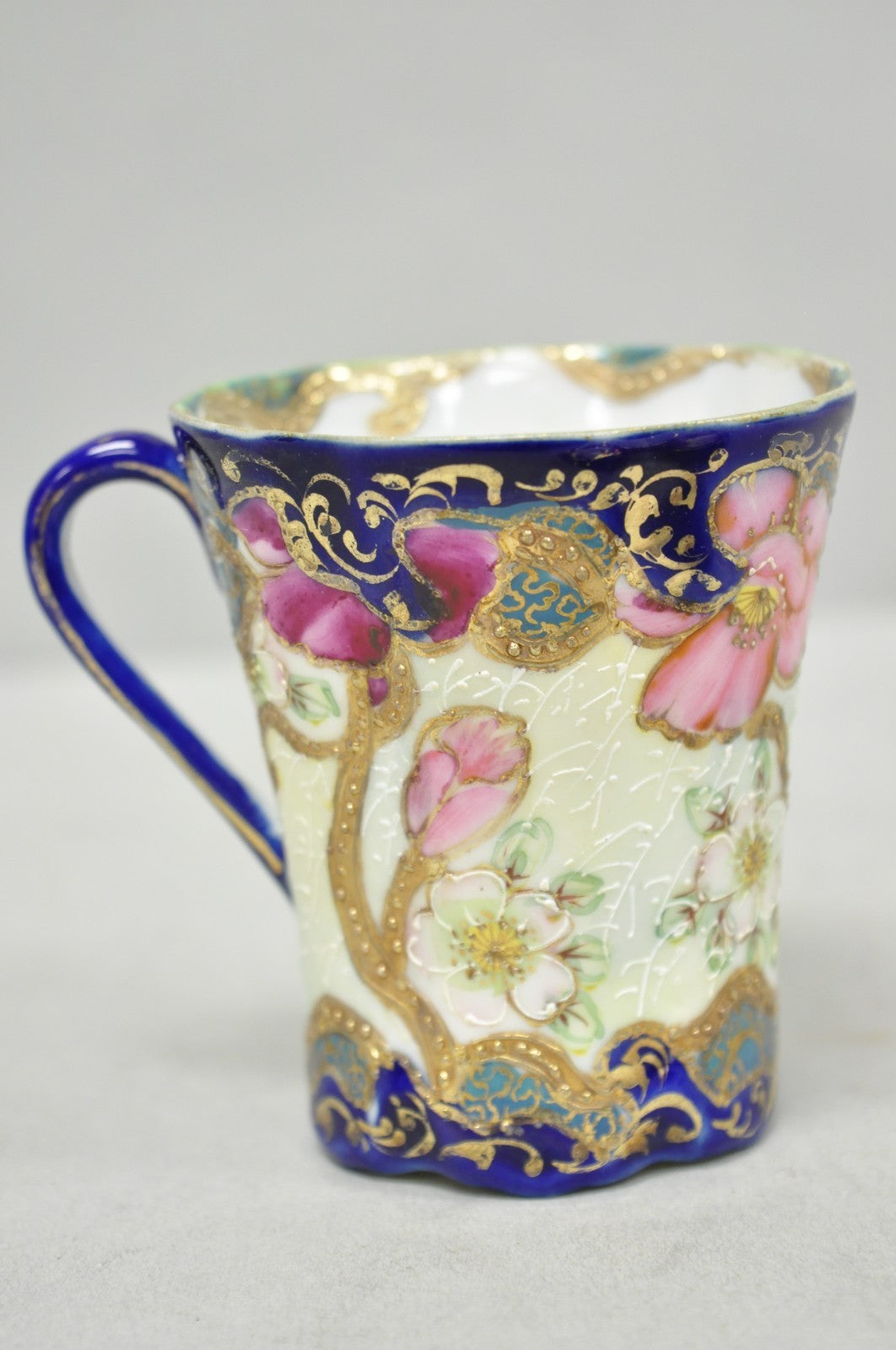 Antique Victorian Teacup & Saucer Cobalt Blue & Roses w/ Draped Gold Trim