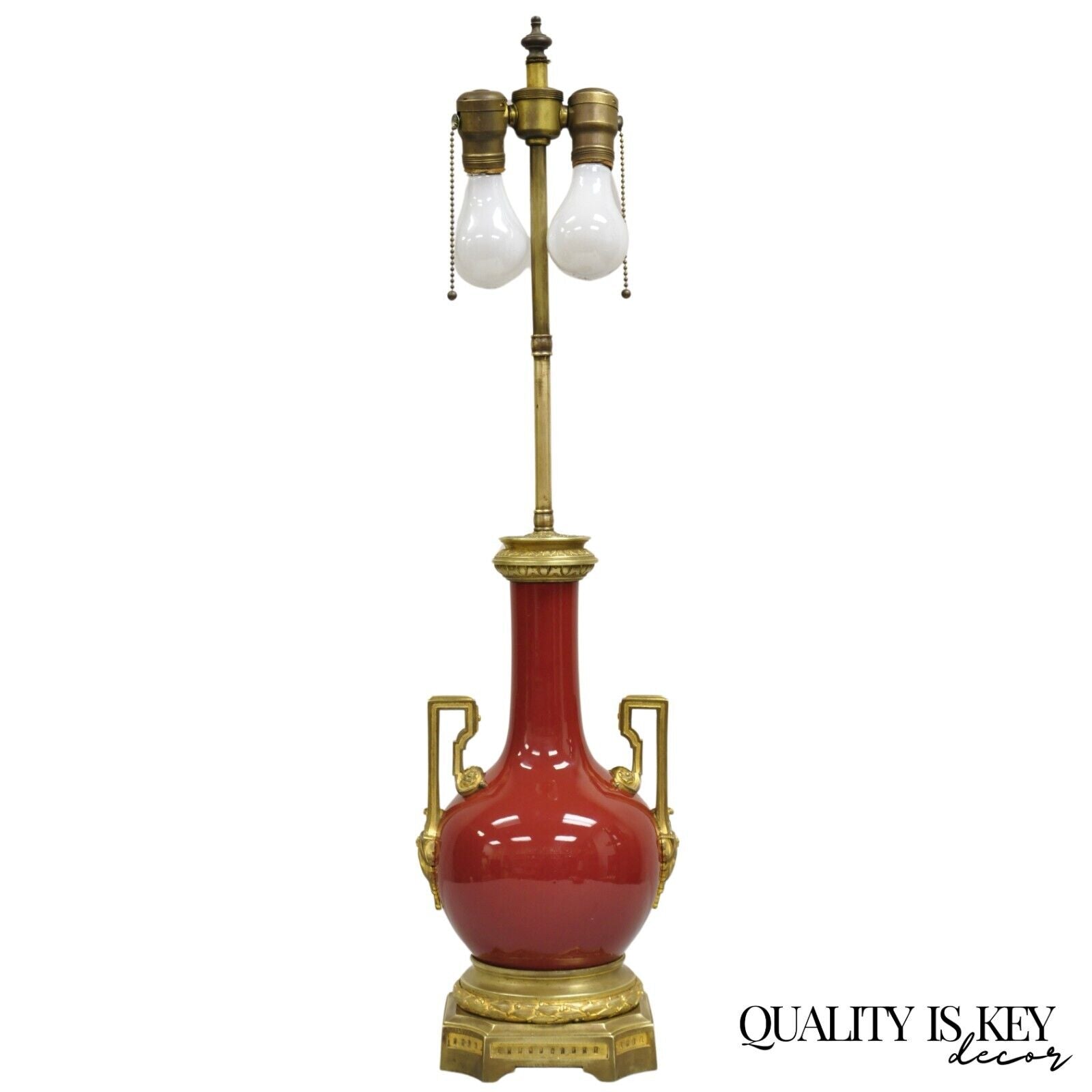 Antique French Louis XV Style Red Glazed Porcelain Table Lamp w/ Bronze Mounts