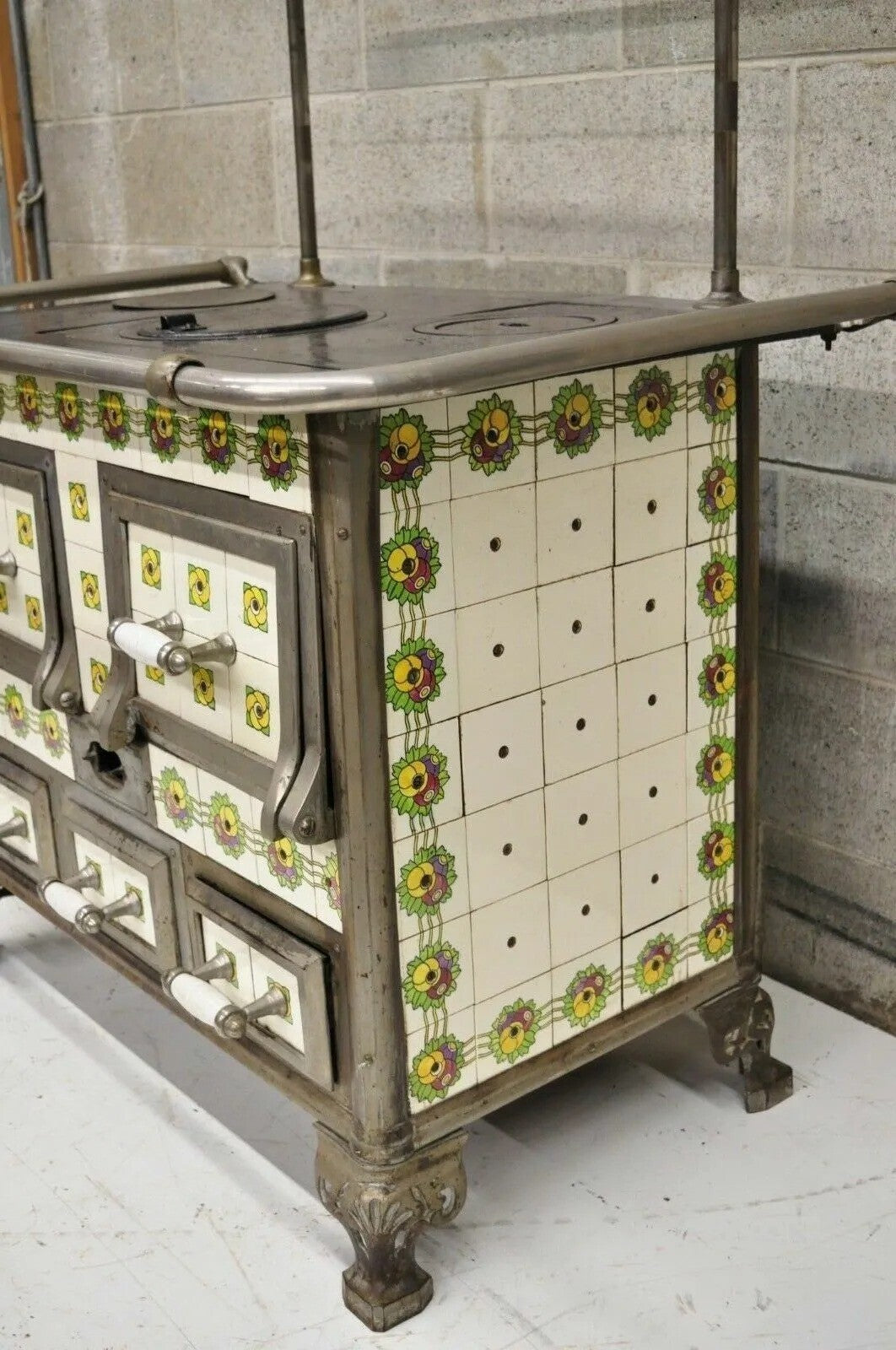 European French or Belgium Cast Iron Art Nouveau Tile Wood Coal Burning Stove