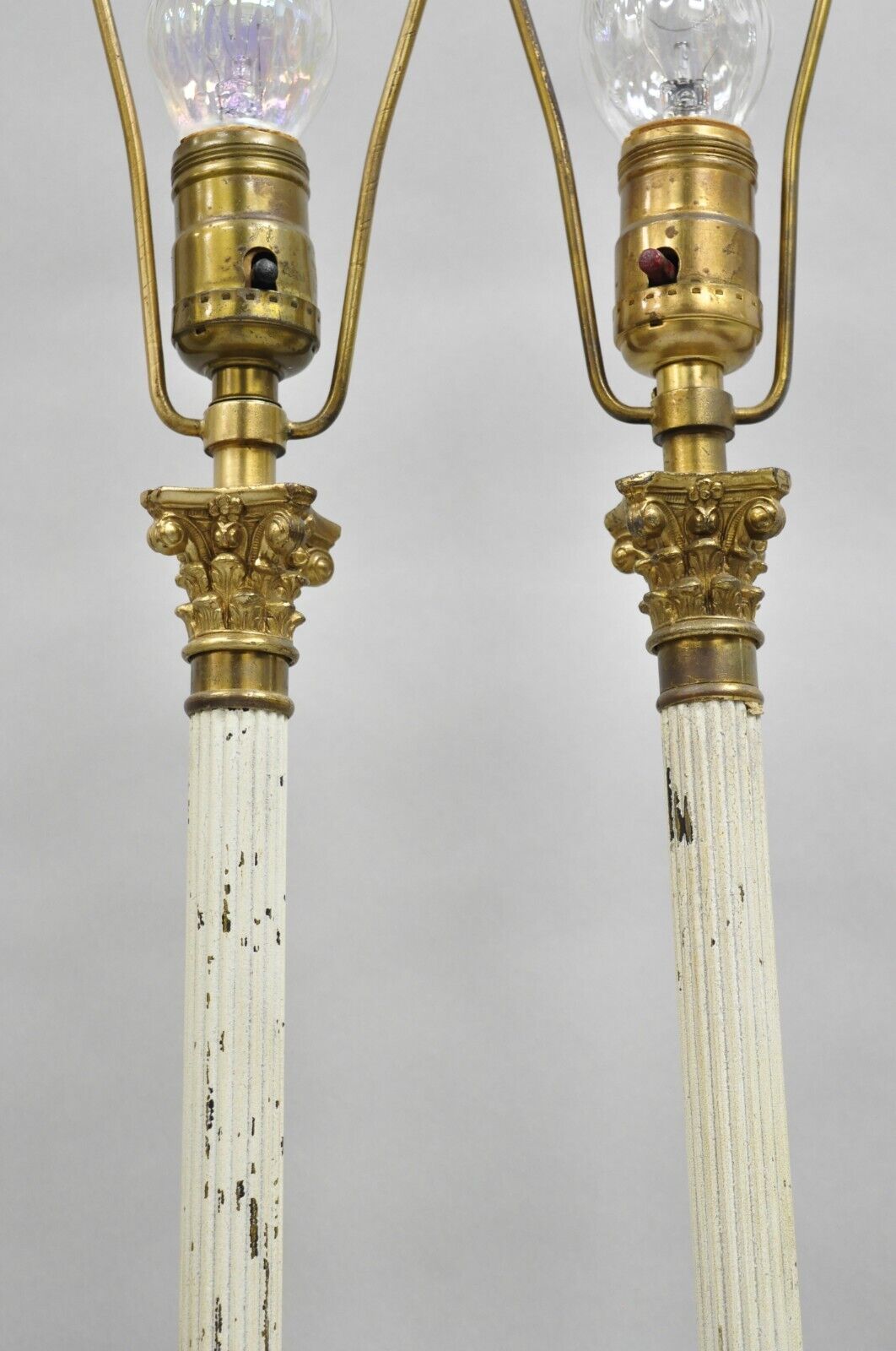French Empire Neoclassical Small Thin Brass Candlestick Column Table Lamp a Pair