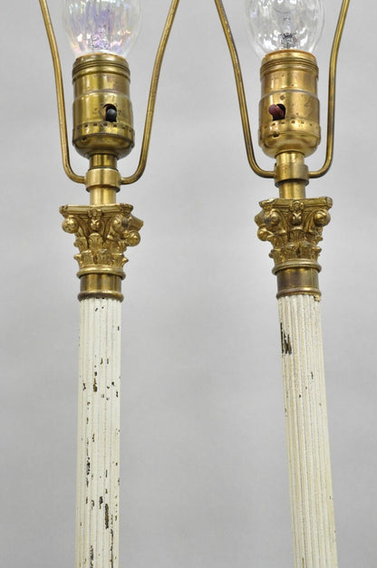 French Empire Neoclassical Small Thin Brass Candlestick Column Table Lamp a Pair