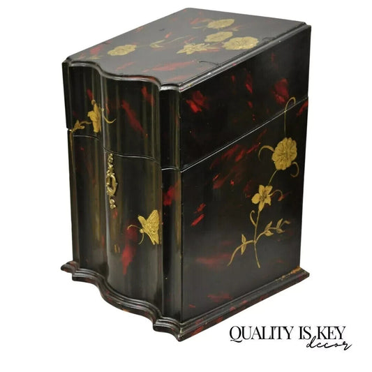 Vintage George III Style Lacquered Wood Hand Painted Butterfly Flower Knife Box