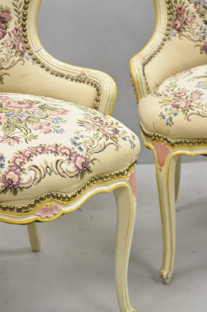 Vintage French Louis XV Style Cream & Pink Painted Boudoir Slipper Chair - Pair