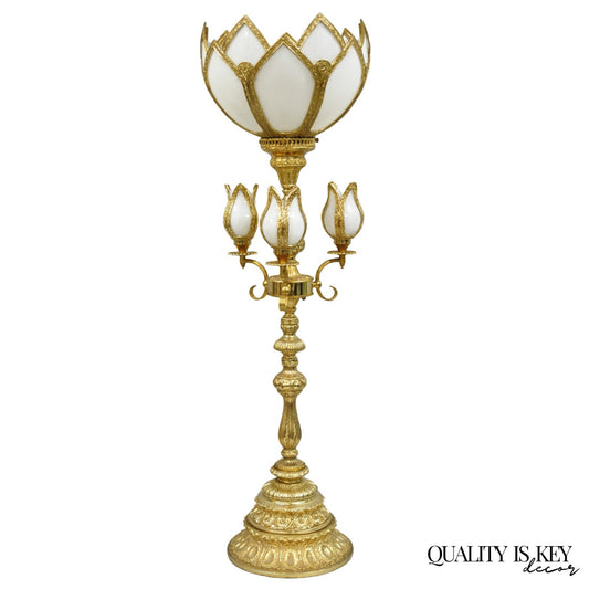 Vintage Hollywood Regency Gold Tall Candlestick Lantern Tulip Shade Table Lamp