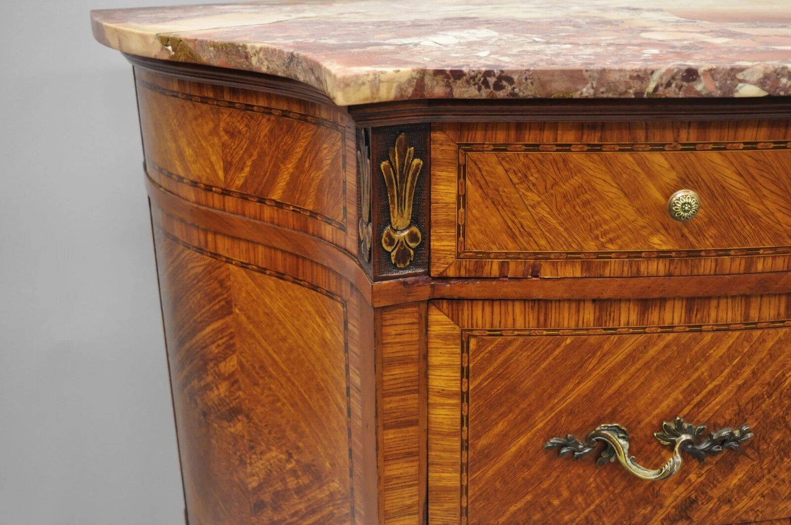 Antique French Louis XV Style Marble Top Satinwood Demilune Commode Dresser