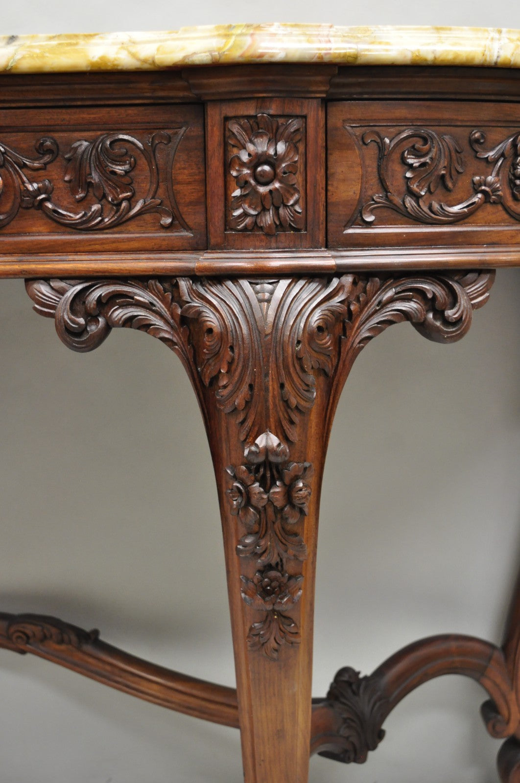 Antique French Baroque Rococo Carved Walnut Marble Top Sideboard Buffet w Drawer