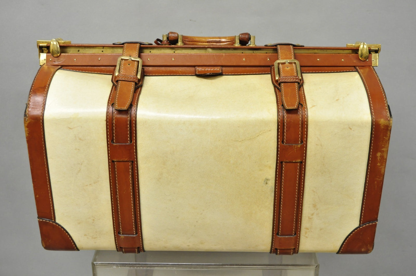 Vintage Dinoffer NY Italian Brown Leather & Vellum Parchment Gladstone Bag, Pair