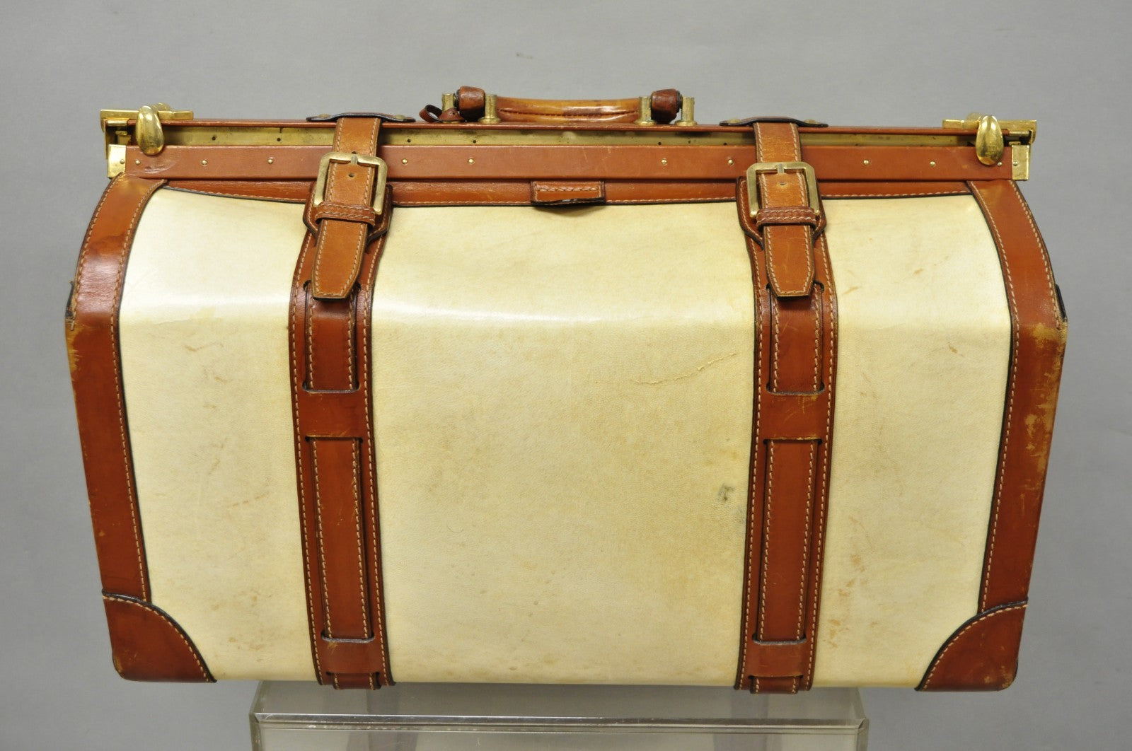 Vintage Dinoffer NY Italian Brown Leather & Vellum Parchment Gladstone Bag, Pair