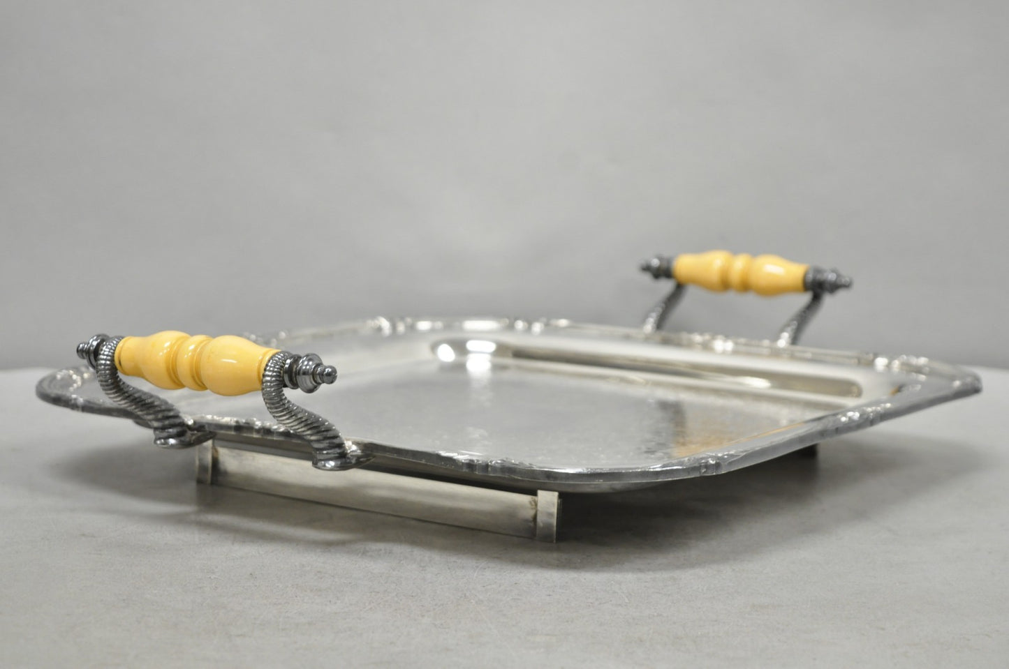 Vintage Sheffield Silver Plated Square Serving Bar Tray w/ Celluloid Handles
