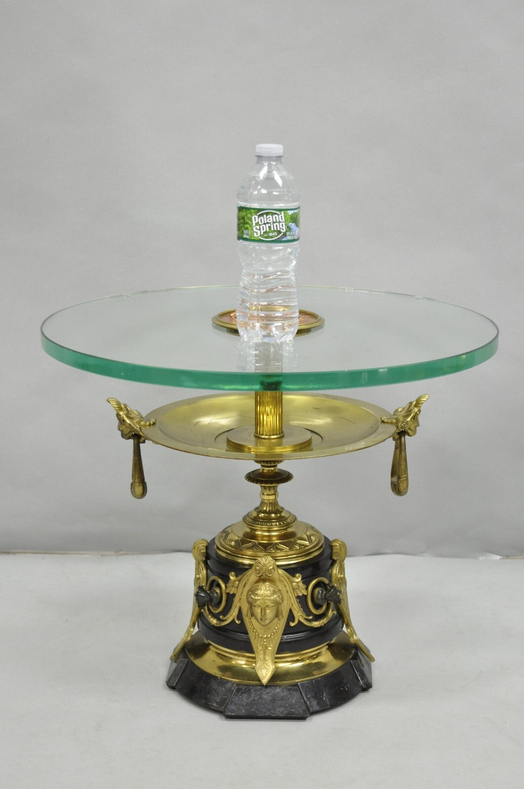 French Empire Figural Bronze and Marble Round Glass Tazza Low Side Tables - Pair