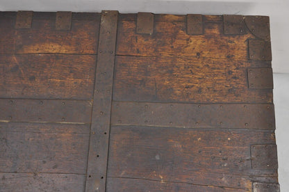 19th C. English Oak Wood and Steel Banded Safe Storage Cabinet Chest Trunk