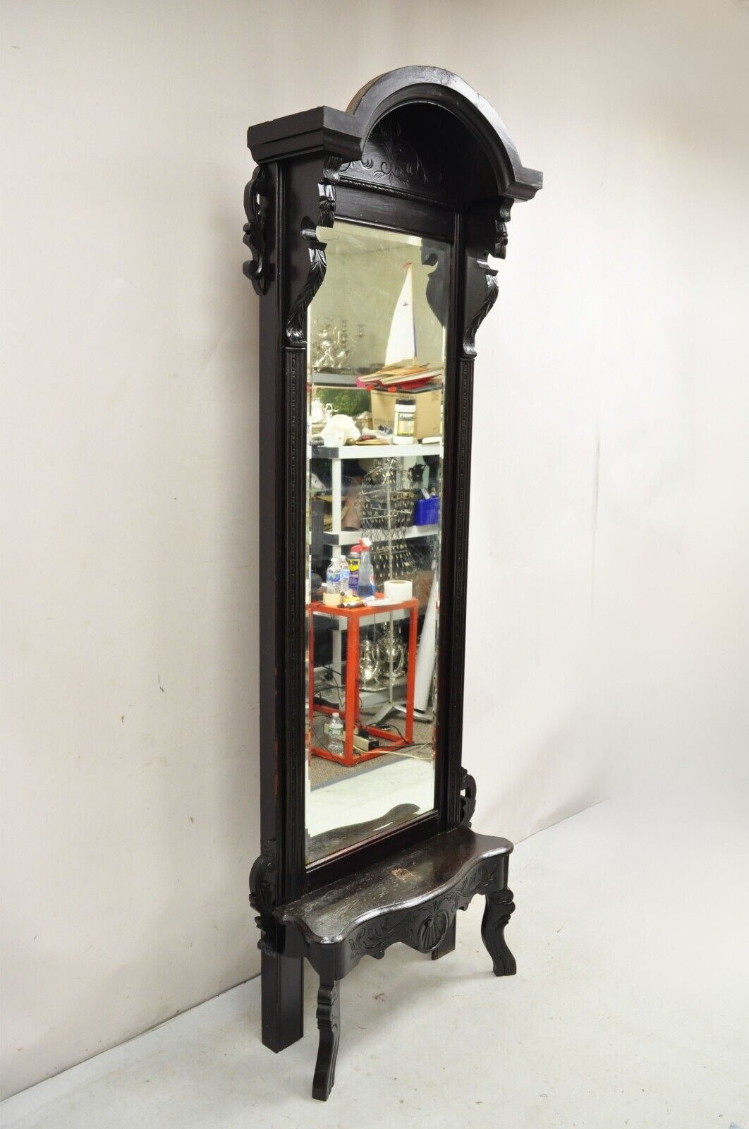 Antique Victorian Carved Walnut Tall Hall Entryway Pier Mirror with Figures
