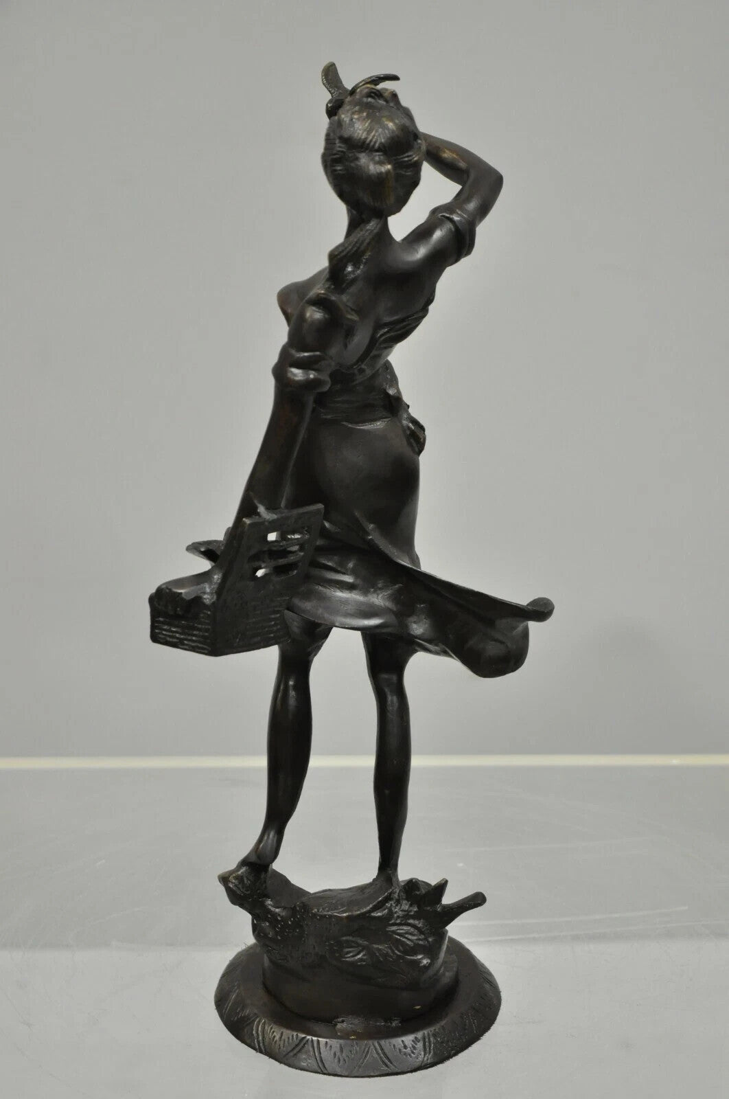 Vintage French Bronze Sculpture of Woman w/ Birds & Basket After Emile Guillemin