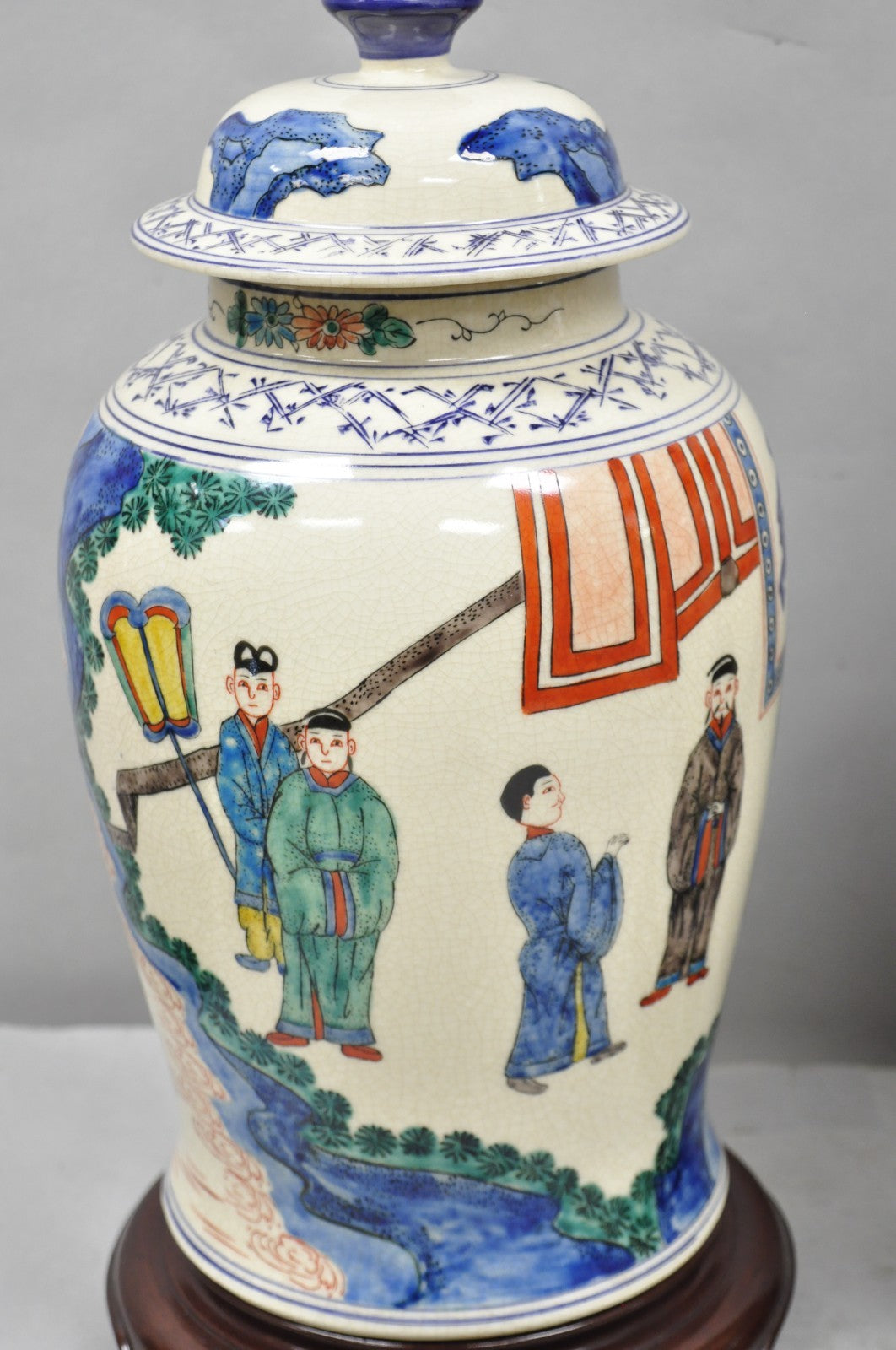 Vintage Chinoiserie Oriental Oatmeal Ginger Jar Ceramic Table Lamps - a Pair