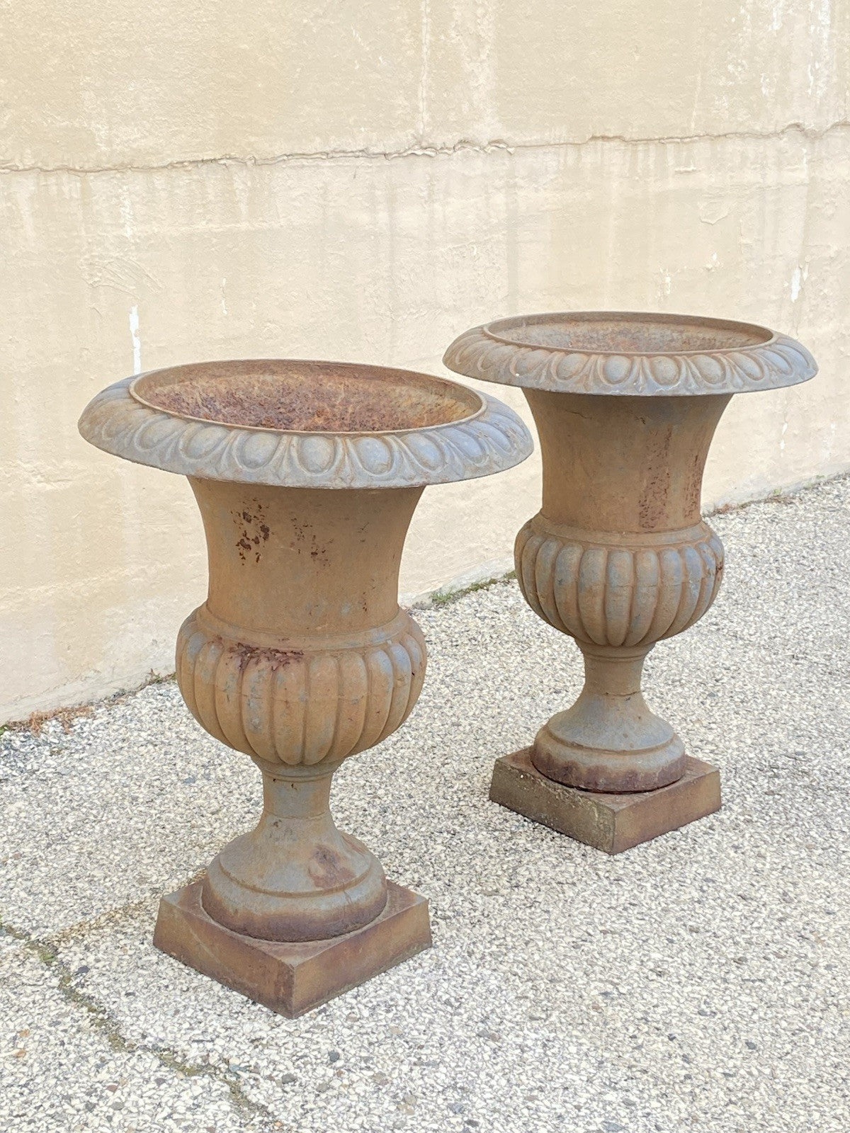 Vintage French Empire Style Large 30" Cast Iron Urn Form Garden Planters - Pair