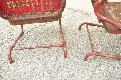 Antique Art Deco Basketweave Red Distress Paint Bouncer Garden Chairs - a Pair