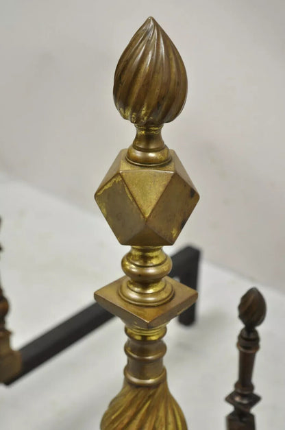 Antique Federal Brass Spiral Twist Finial Branch Leg Ball & Claw Andirons - Pair