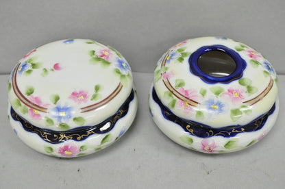 Victorian Japanese Hand Painted Porcelain Cobalt Blue Hair Receiver & Powder Jar