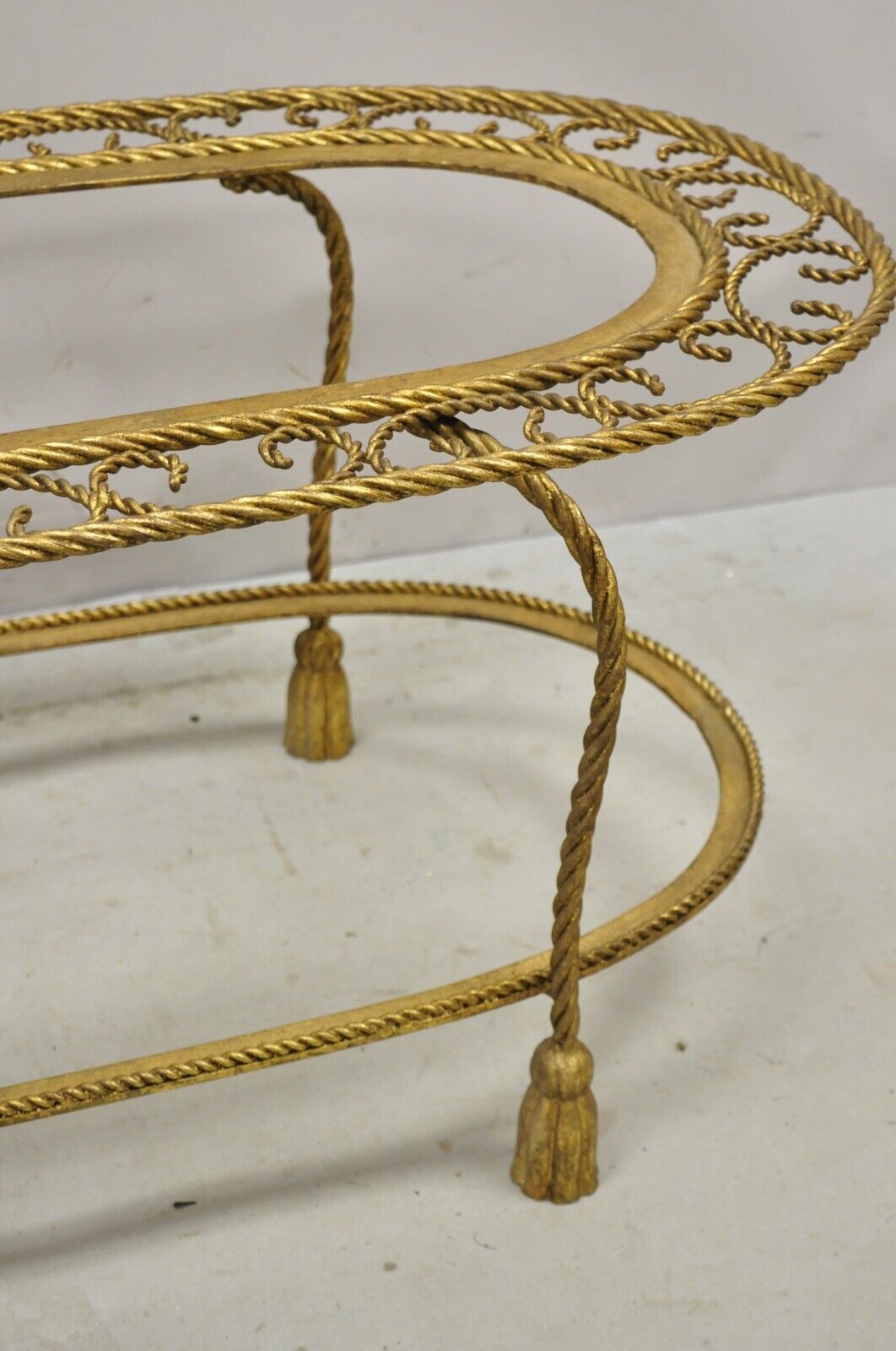 Italian Hollywood Regency Gold Gilt Iron Oval 2 Tier Rope Tassel Coffee Table