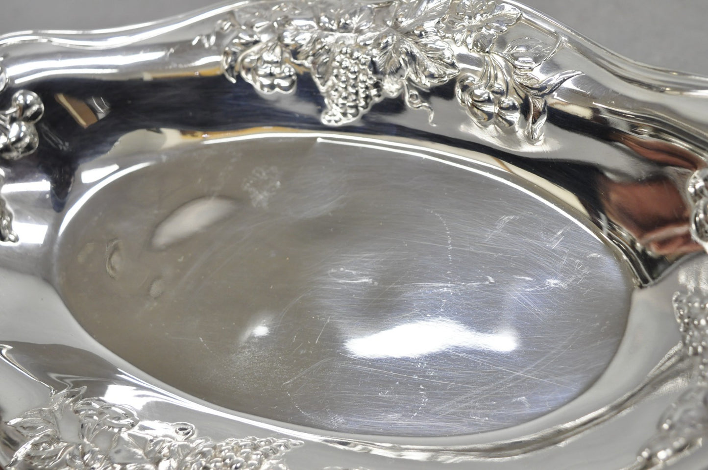 Superior Silver Grapevine Repousse Silver Plated Bread Plate Tray Trinket Dish