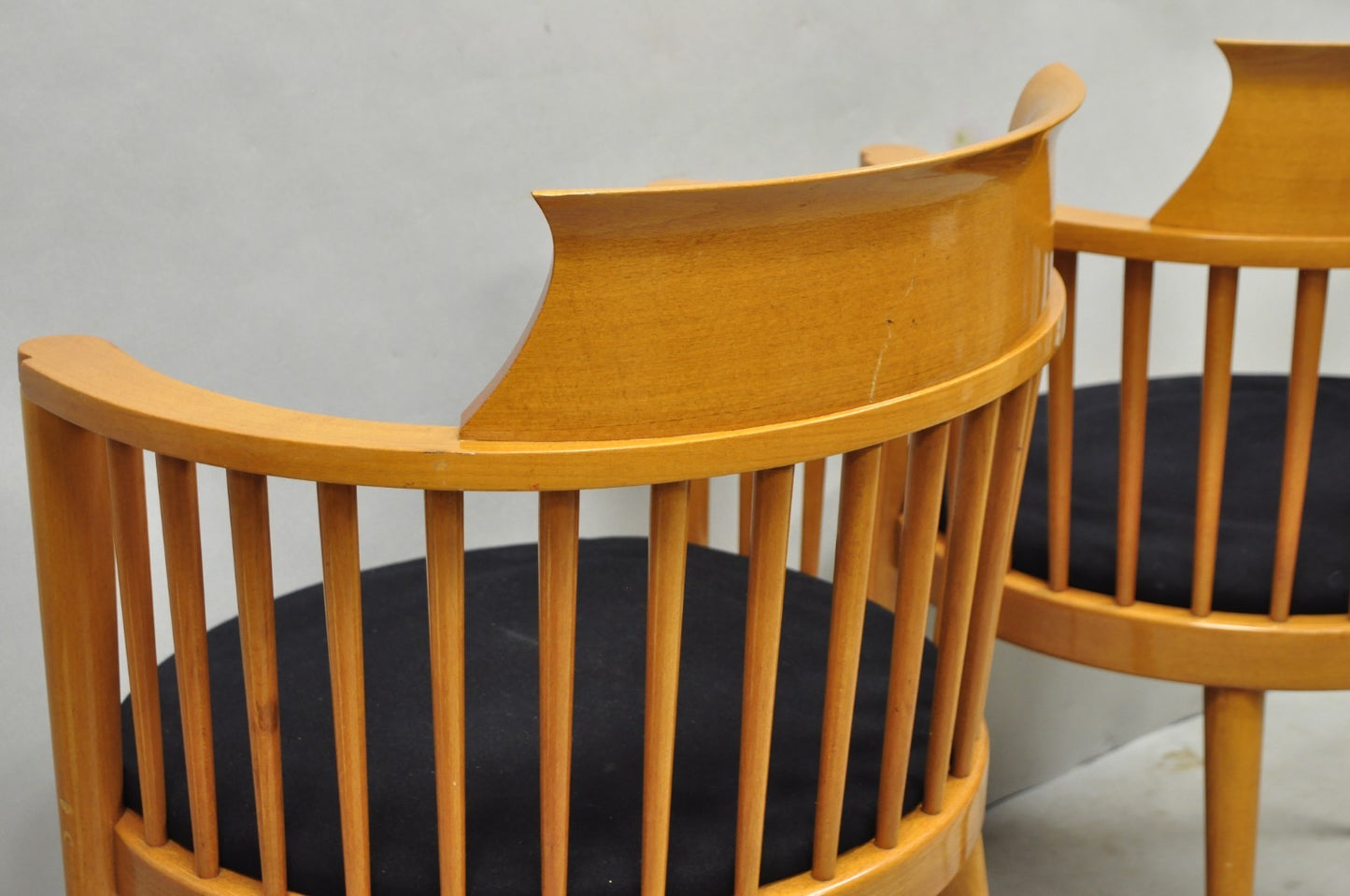 Vintage Postmodern Maple Wood Spindle Barrel Back Lounge Arm Chairs - a Pair