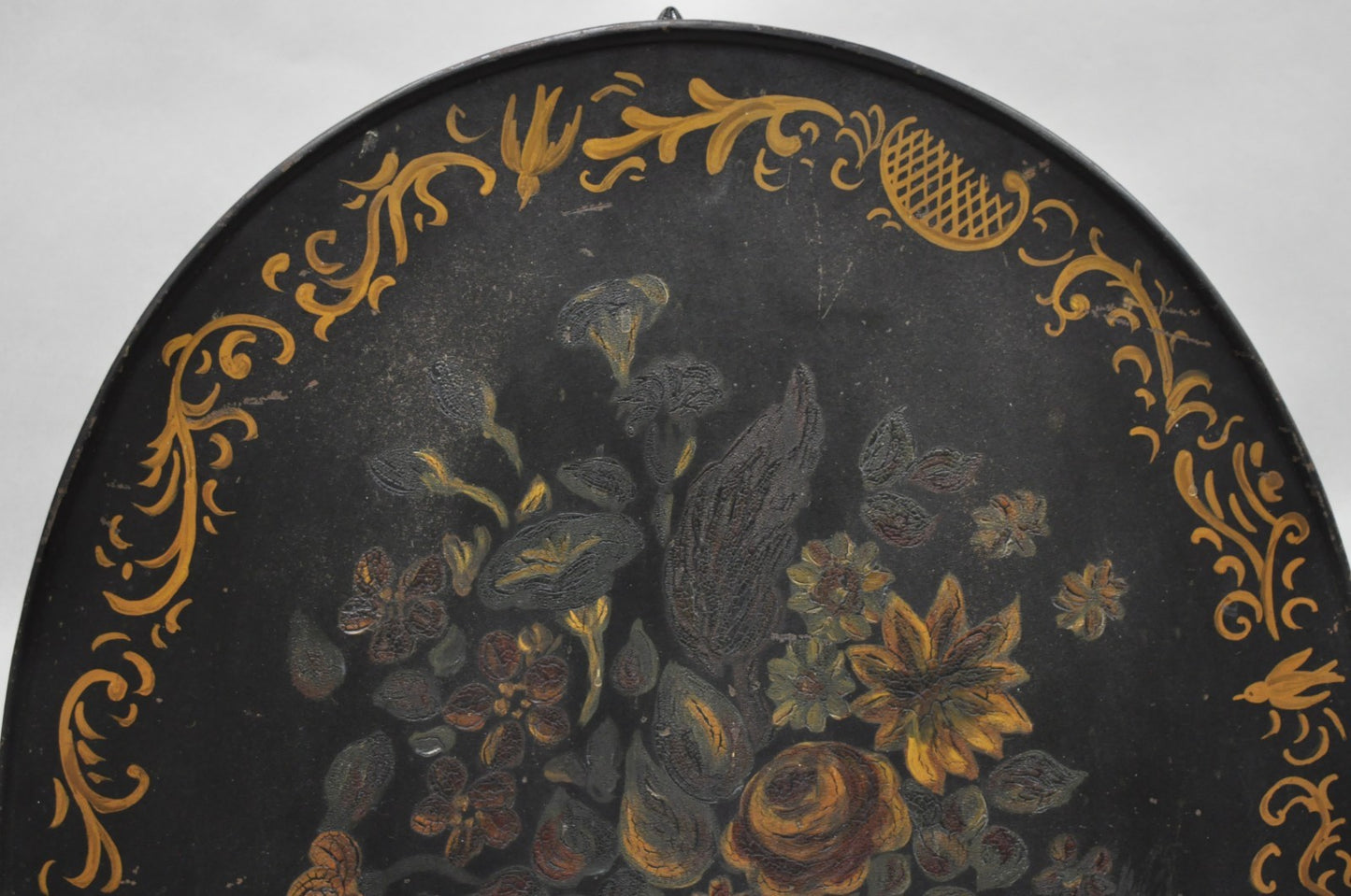 Antique French Victorian Tole Metal Hand Painted Floral Adjustable Firescreen