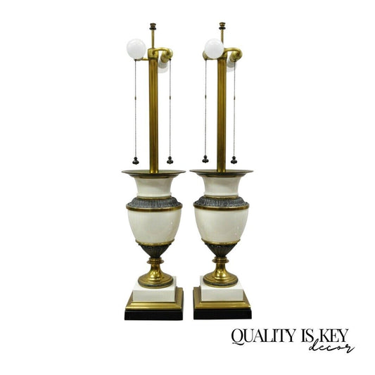 Stiffel Italian Regency Large Porcelain Urn Brass Finish Tall Table Lamps - Pair