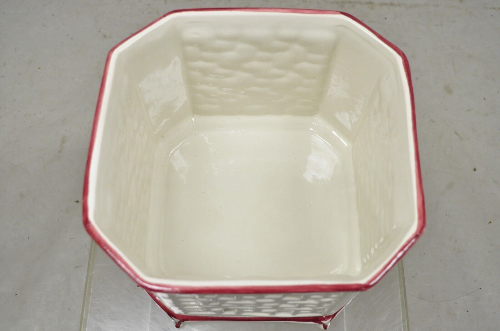 Vtg Italian Ceramic Octagonal Lattice Fretwork Pink Flower Garden Planter Pot