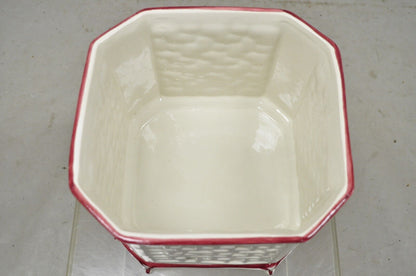 Vtg Italian Ceramic Octagonal Lattice Fretwork Pink Flower Garden Planter Pot