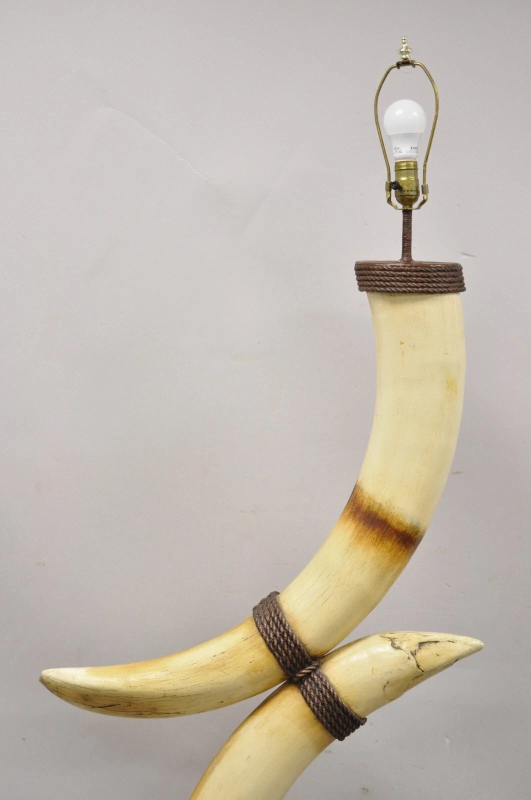 Vintage Chinoiserie African Safari Faux Horn Tusk Fiberglass Floor Lamp